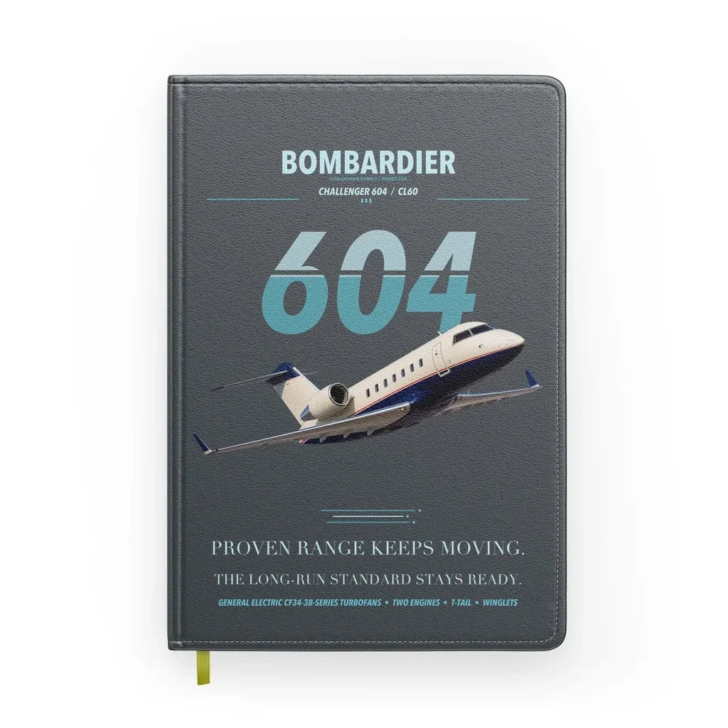 Bombardier Challenger 604 design on gray notebook