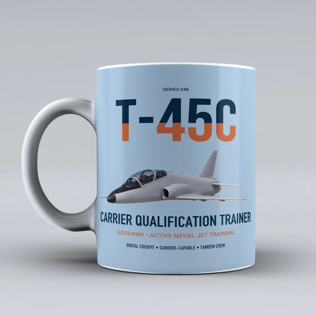 T-45C Goshawk design on light blue ceramic mug, double-side print