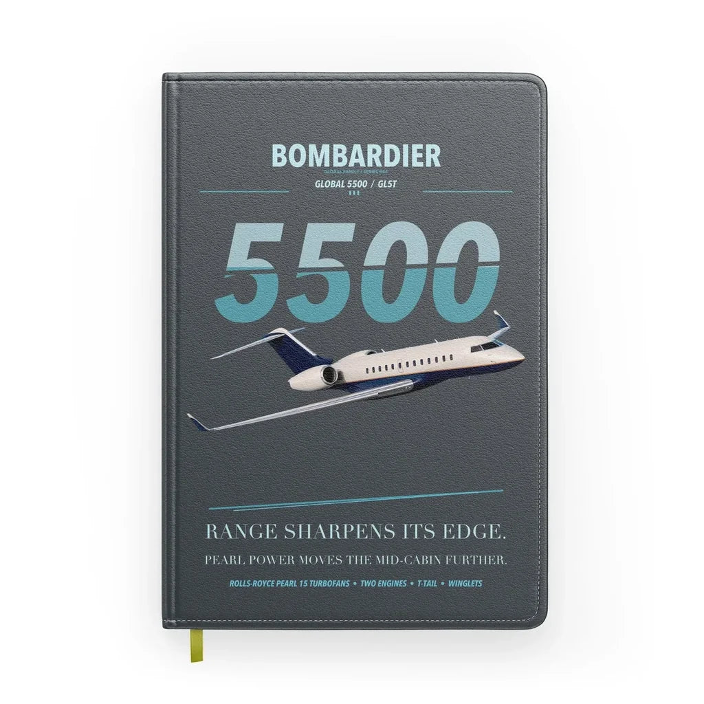 Bombardier Global 5500 design on gray notebook
