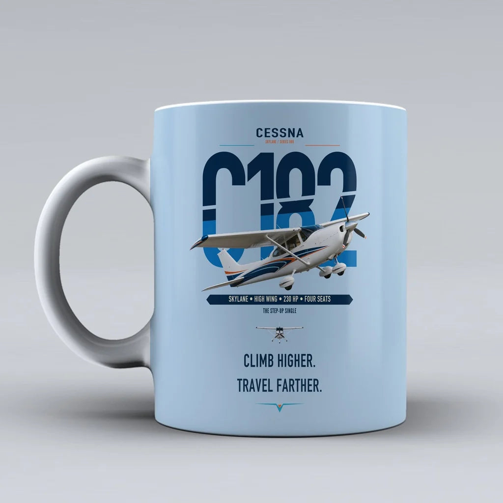 Cessna 182 Skylane design on light blue ceramic mug, double-side print