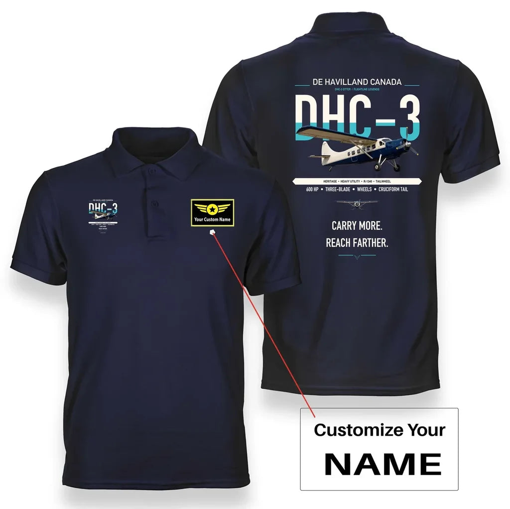 DHC-3 Otter design on navy blue+name double-side polo t-shirt, double-side print