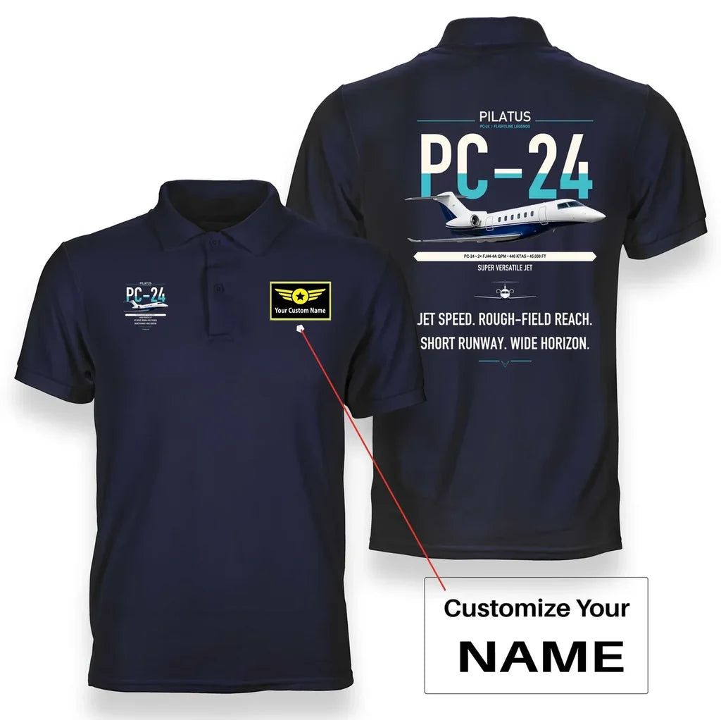 Pilatus PC-24 design on navy blue+name double-side polo t-shirt, double-side print