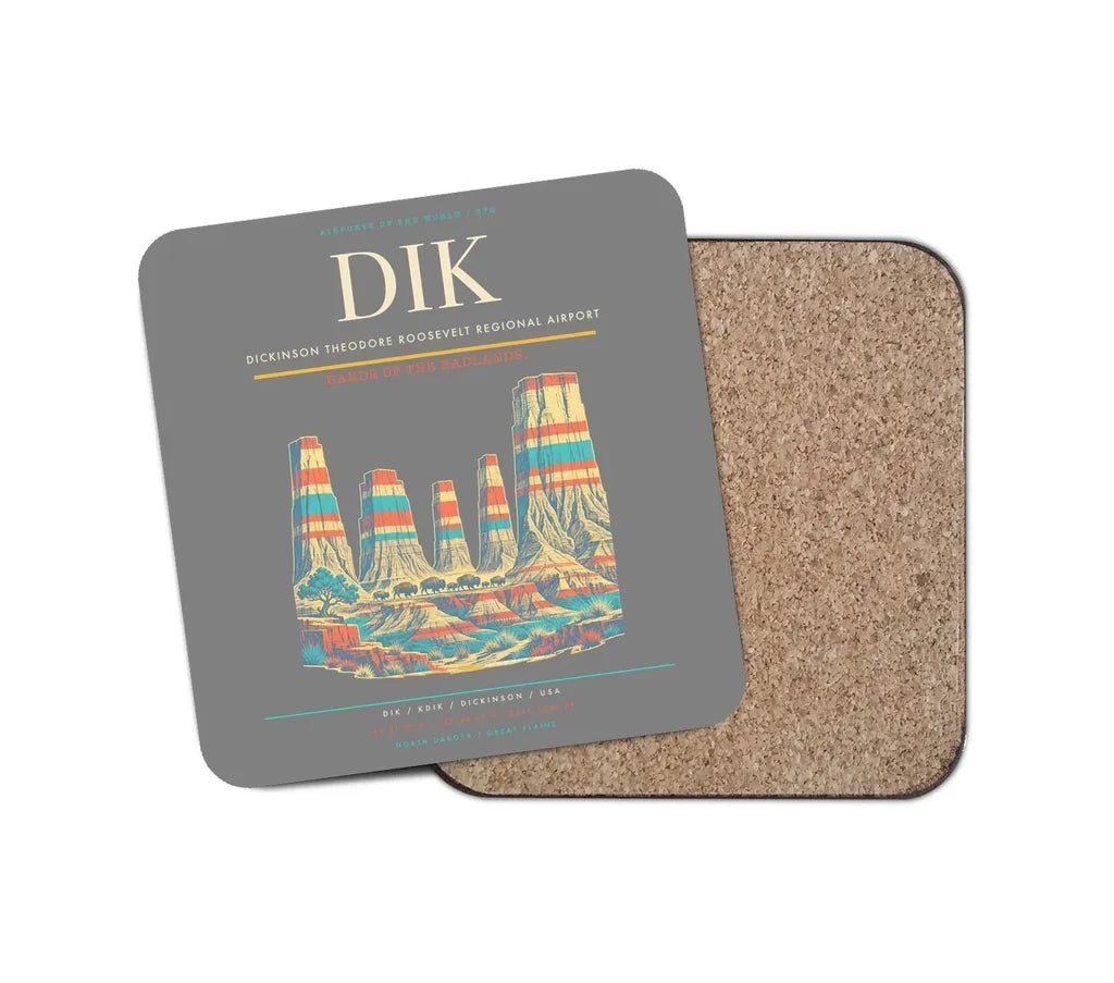 Dickinson Theodore Roosevelt Regional Airport (DIK) design on gray 1 piece coaster