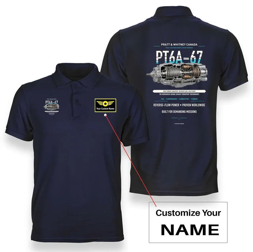 PT6A-67 design on navy blue polo with custom name badge
