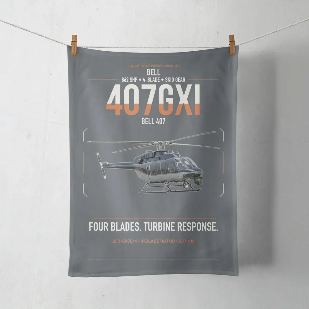 Bell 407GXi design on gray towel