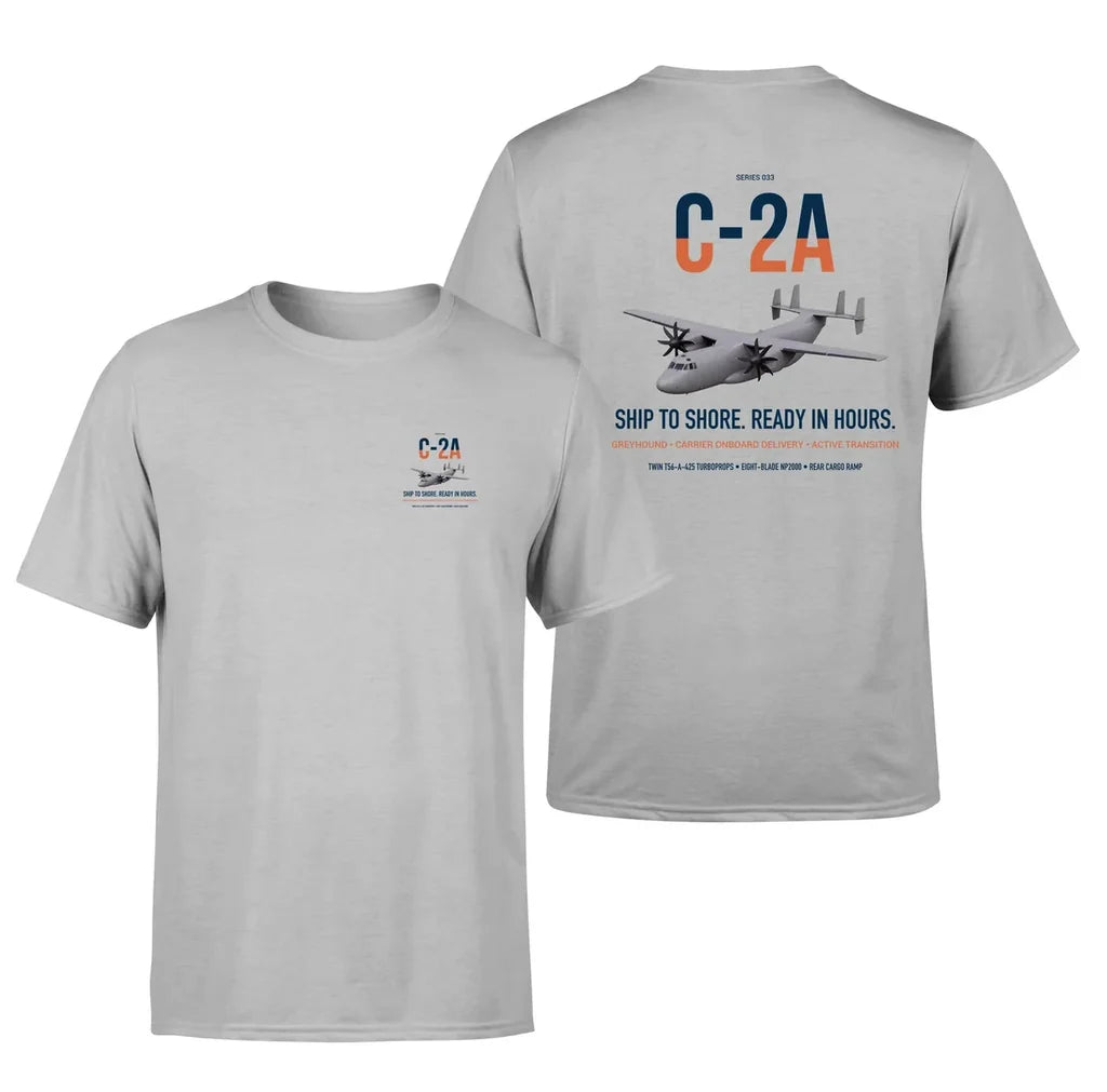 C-2A Greyhound design on light gray double-side t-shirt, double-side print
