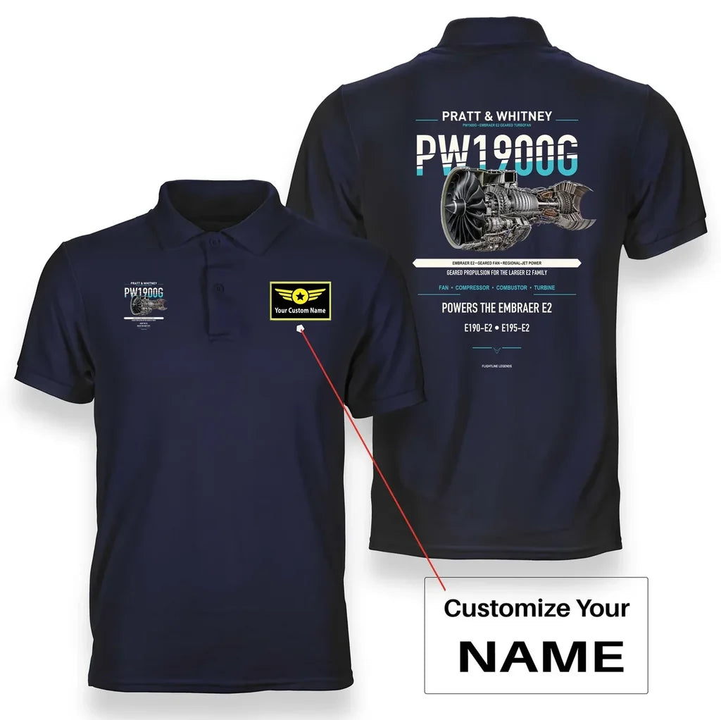 PW1900G design on navy blue polo with custom name badge