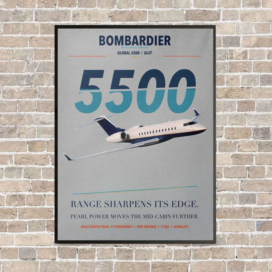Bombardier Global 5500 vertical canvas print - framed - light gray background