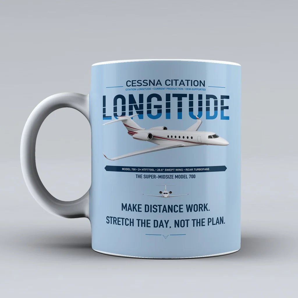 Cessna Citation Longitude design on light blue ceramic mug, double-side print