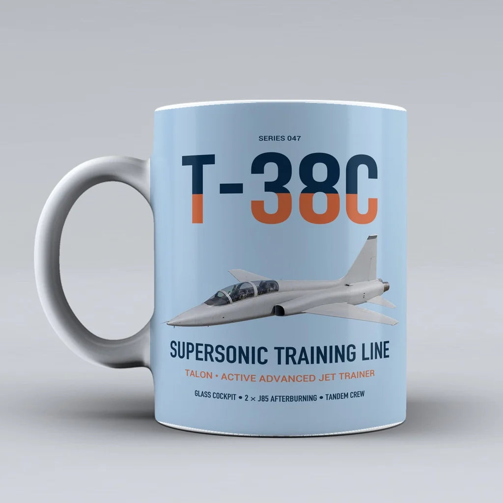 T-38C Talon design on light blue ceramic mug, double-side print