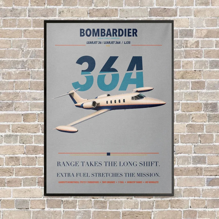 Bombardier Learjet 36A vertical canvas print - framed - light gray background