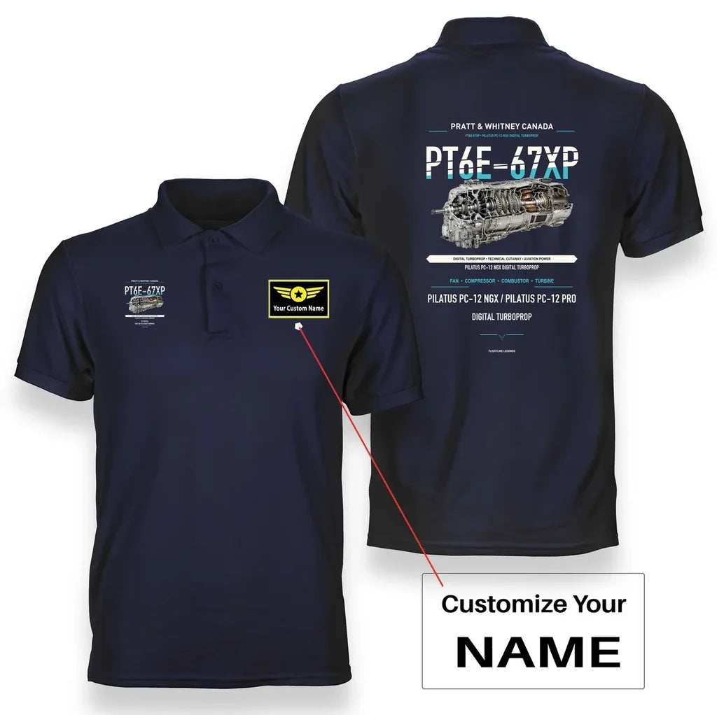 PT6E-67XP design on navy blue polo with custom name badge