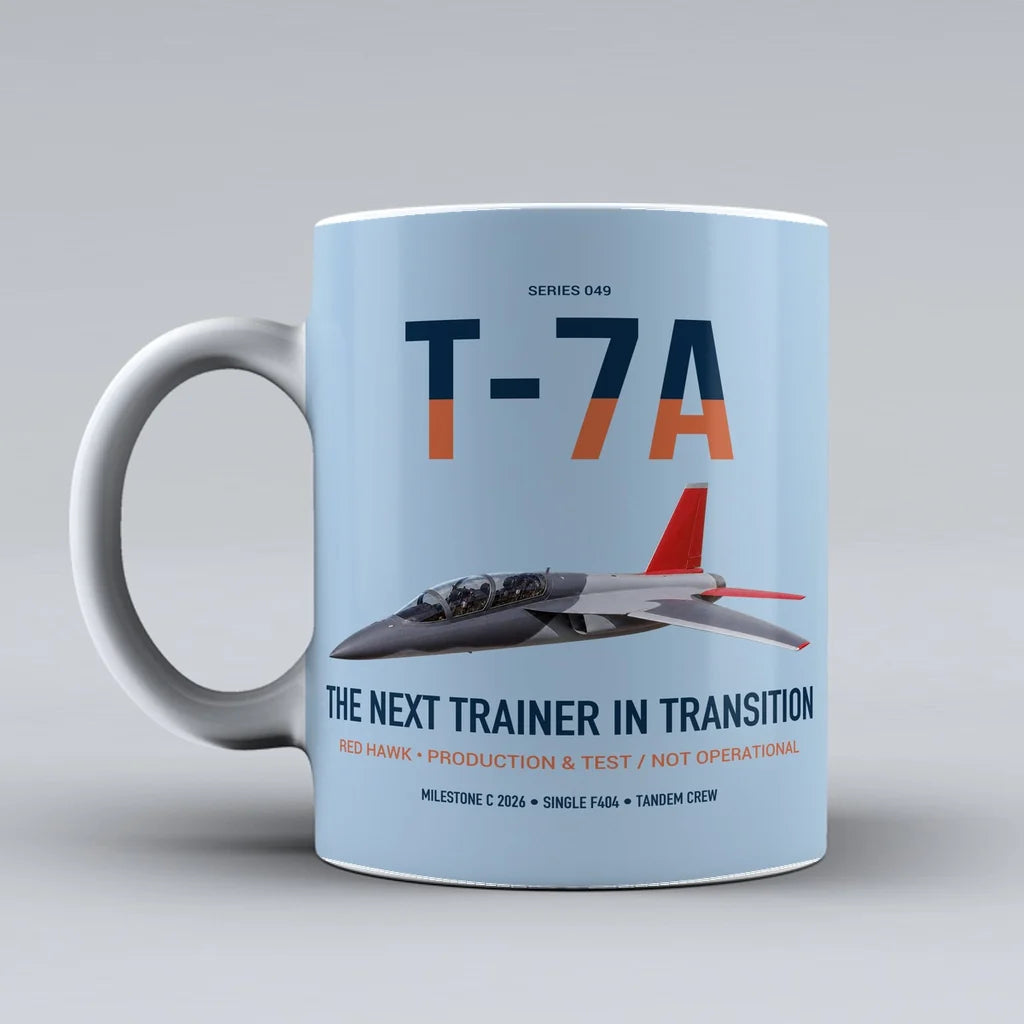T-7A Red Hawk design on light blue ceramic mug, double-side print
