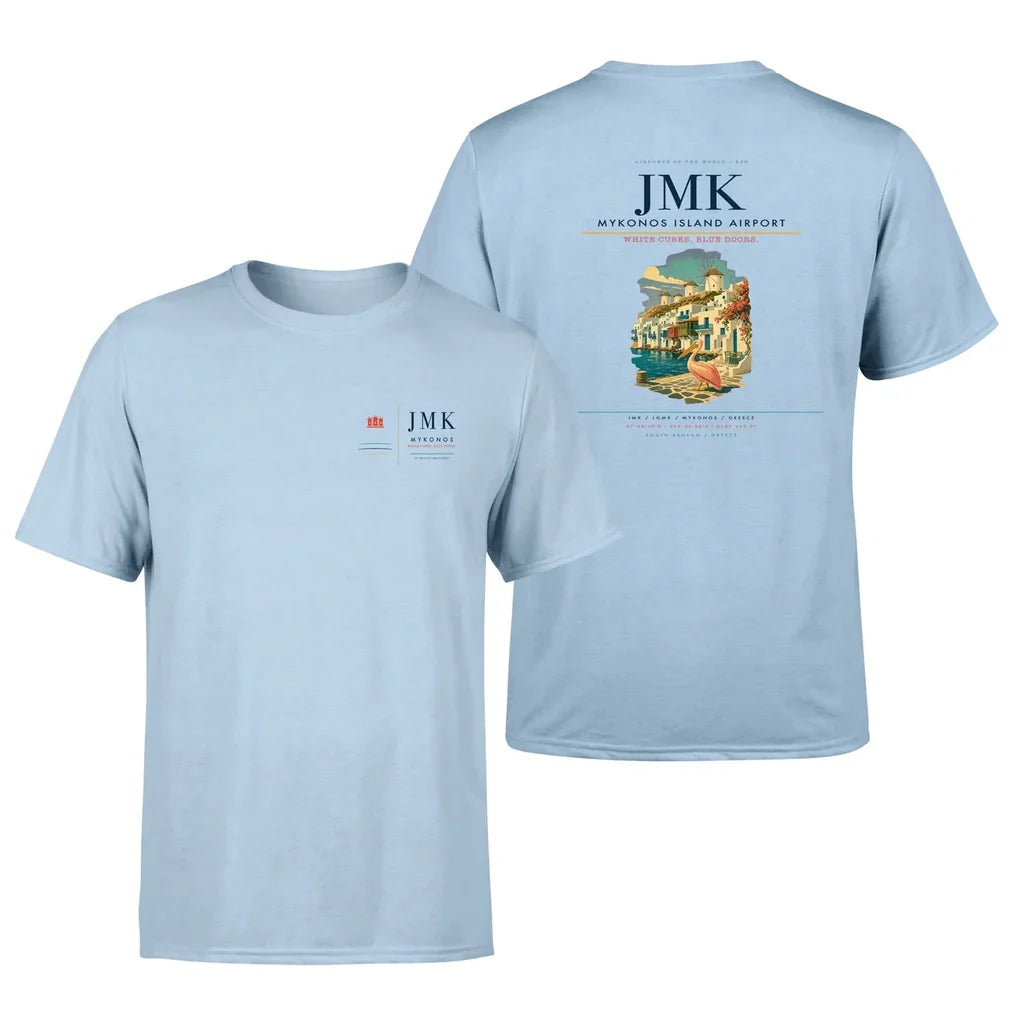 Mykonos Island Airport (JMK) design printed on light blue double-side t-shirt