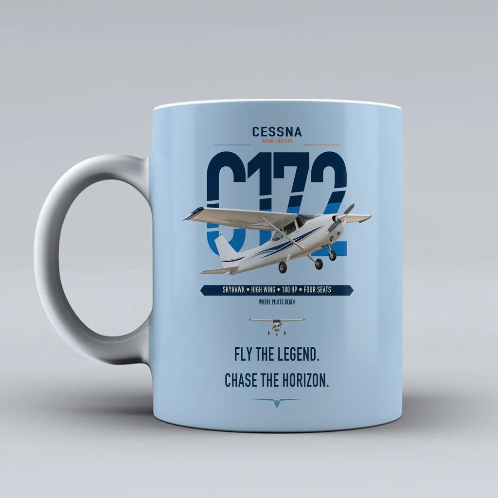 Cessna 172 Skyhawk design on light blue ceramic mug, double-side print