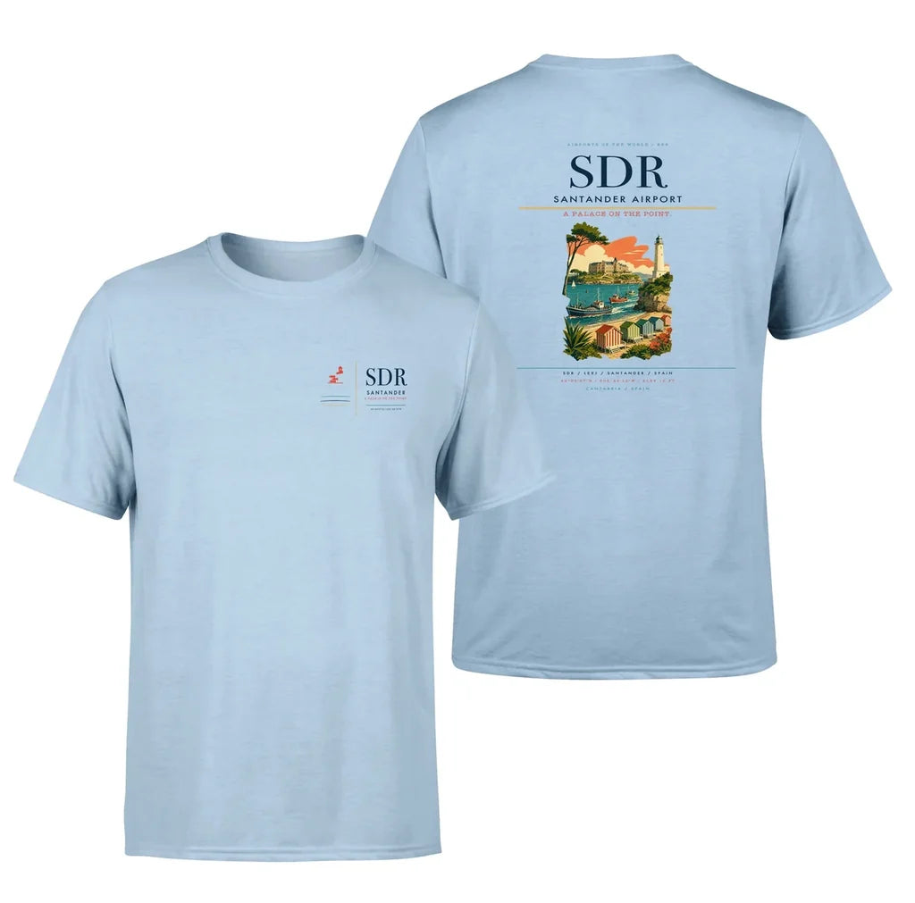 Santander Airport (SDR) design printed on light blue double-side t-shirt