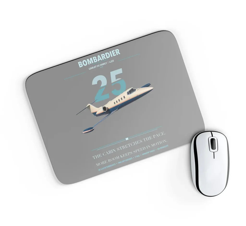 Bombardier Learjet 25 design on gray rectangle mouse pad