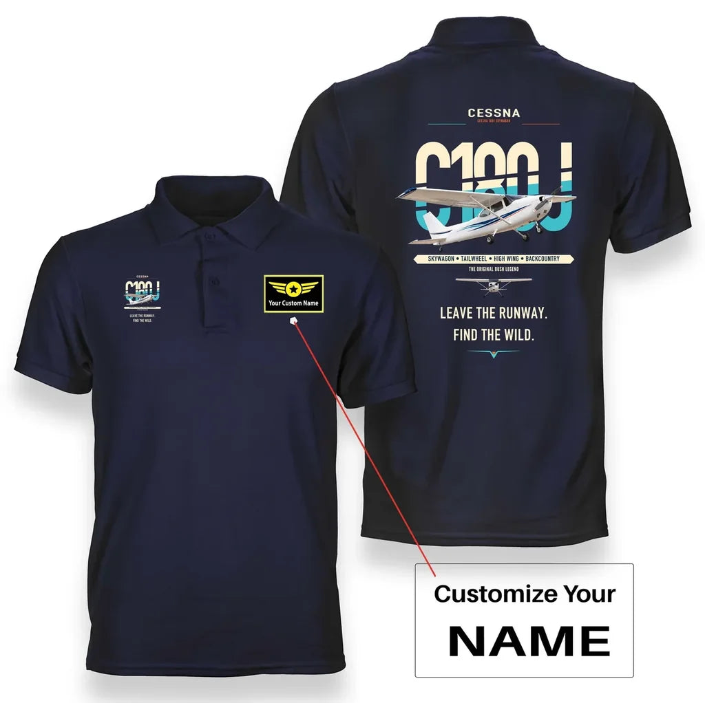 Cessna 180J Skywagon design on navy blue+name double-side polo t-shirt, double-side print