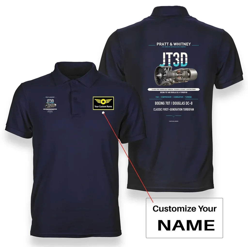 JT3D design on navy blue polo with custom name badge