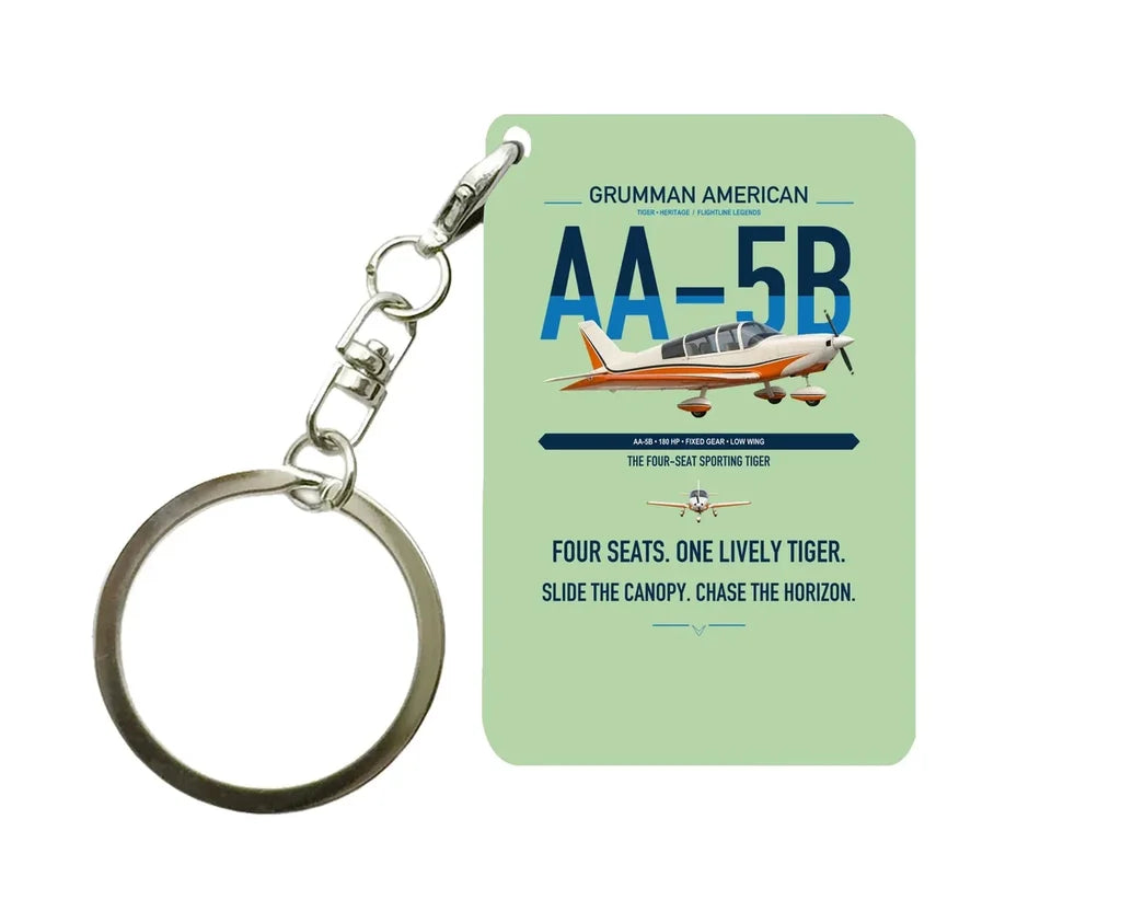 Grumman American AA-5B Tiger design on light green designed key chain, double-side print