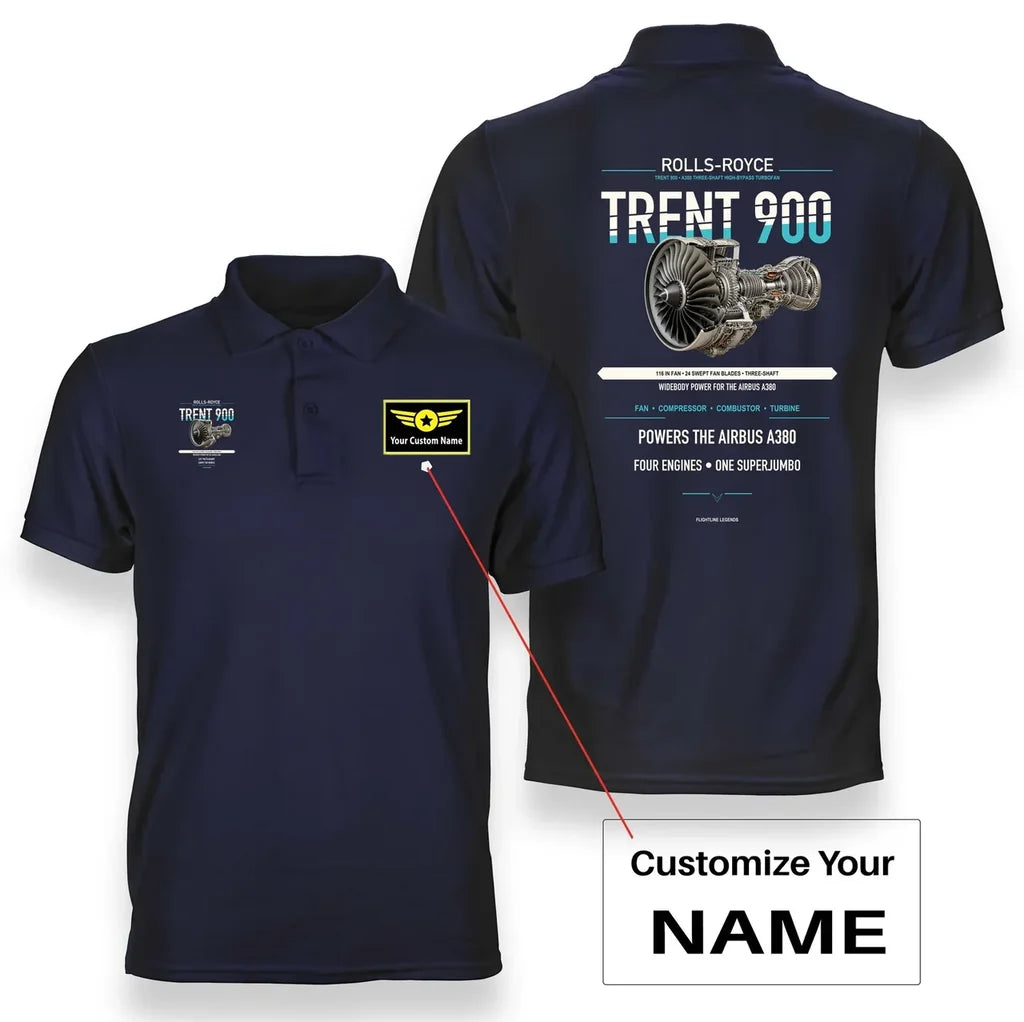 TRENT 900 design on navy blue polo with custom name badge