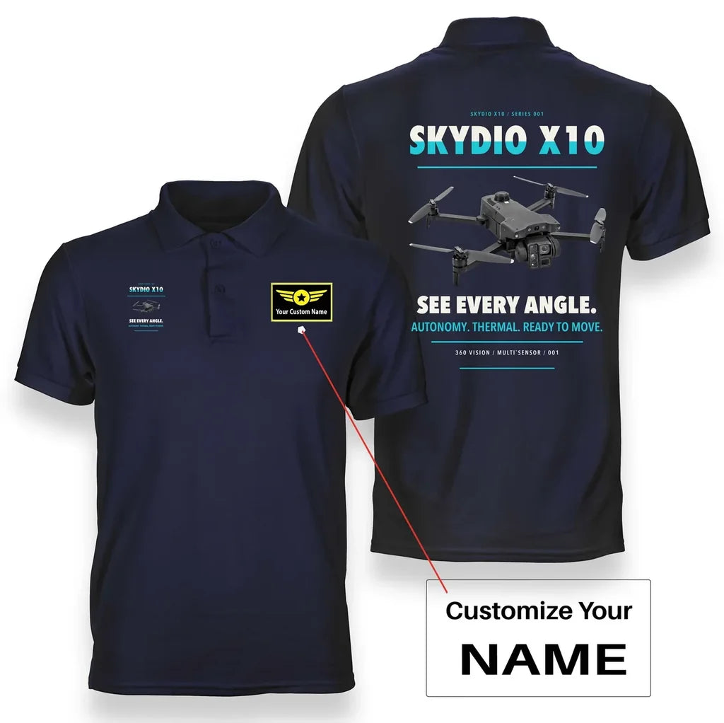 Skydio X10 design on navy blue polo with custom name badge