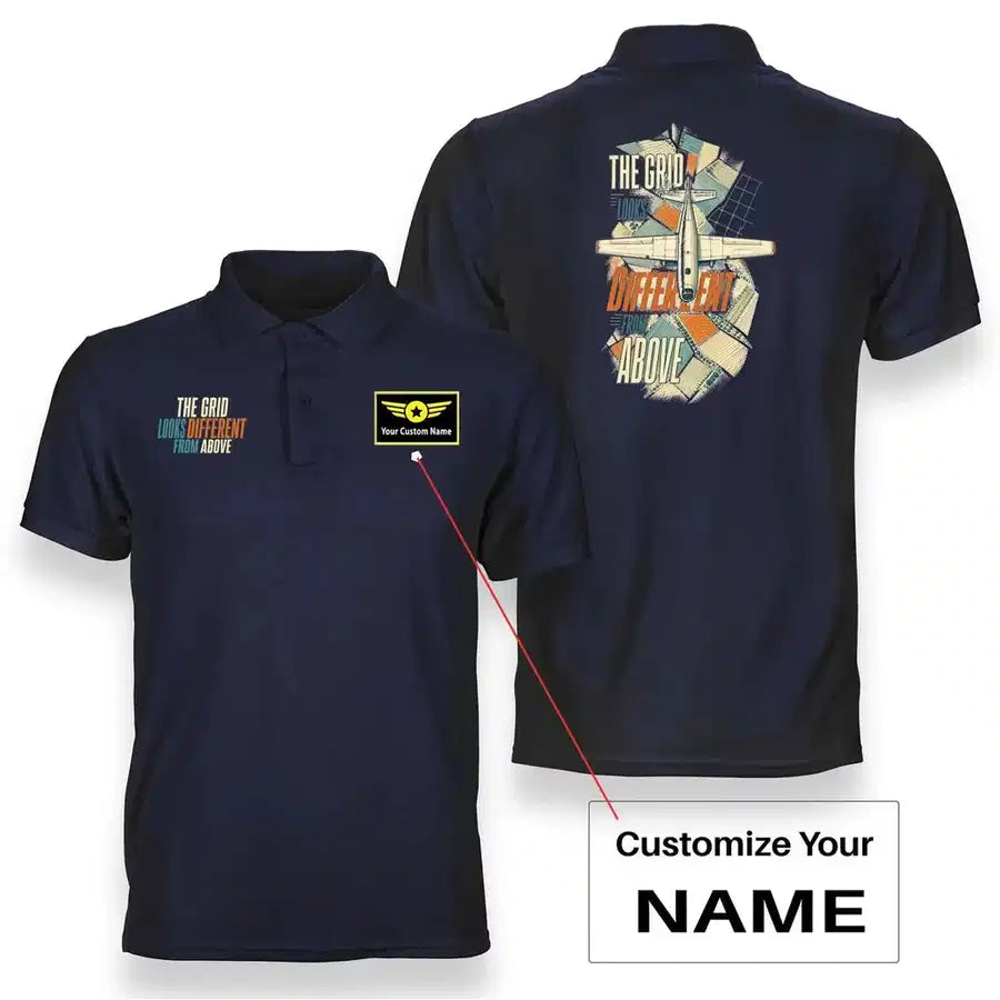 SIGNAL 645 - The Grid Looks Different From Above - Double-Side Polo design on navy blue double side polo with custom name badge