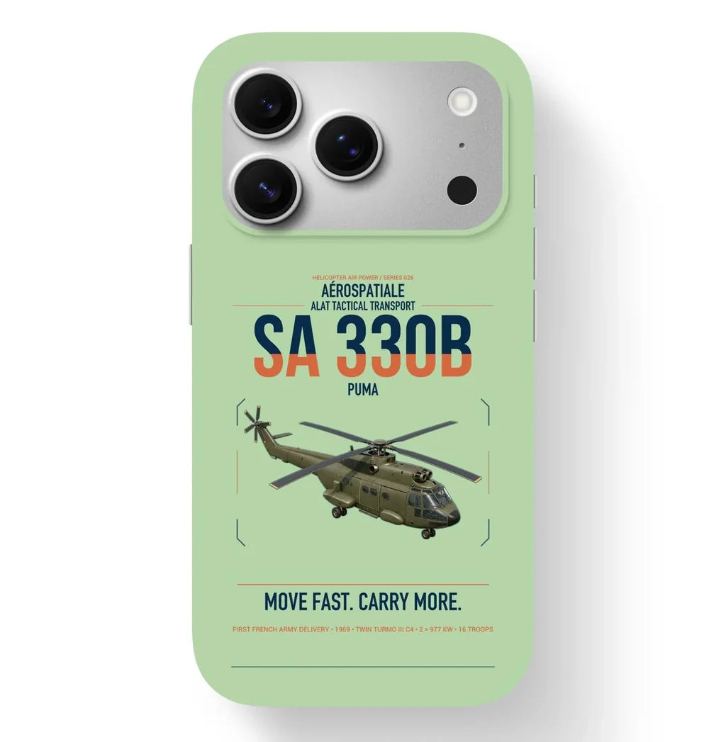Aérospatiale SA 330B Puma design on light green magsafe iphone case, for iPhone 17 Pro