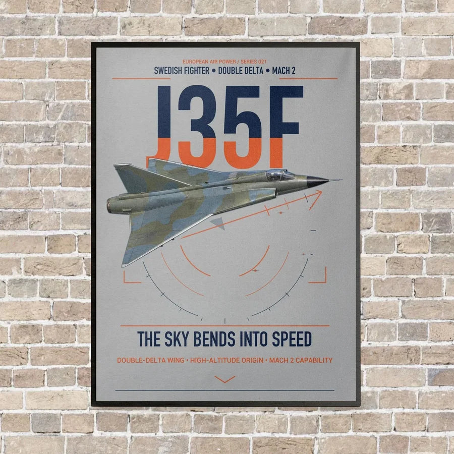 Saab J 35F Draken vertical canvas print - framed - light gray background