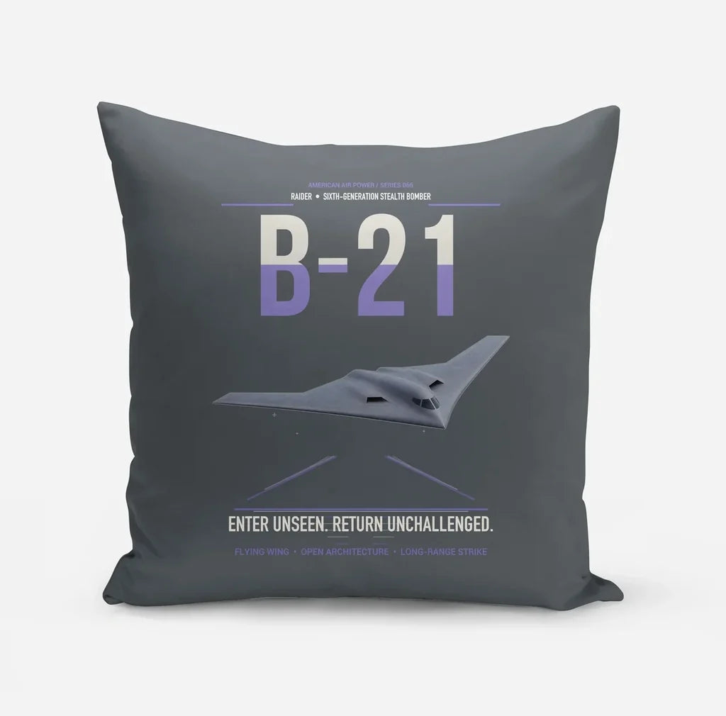 B-21 Raider design on gray pillow