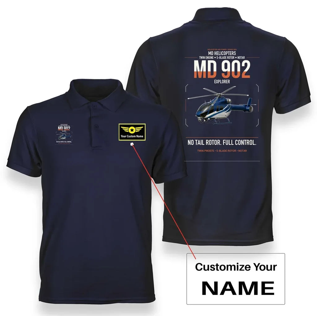 MD Helicopters MD 902 Explorer design on navy blue+name double-side polo t-shirt, double-side print