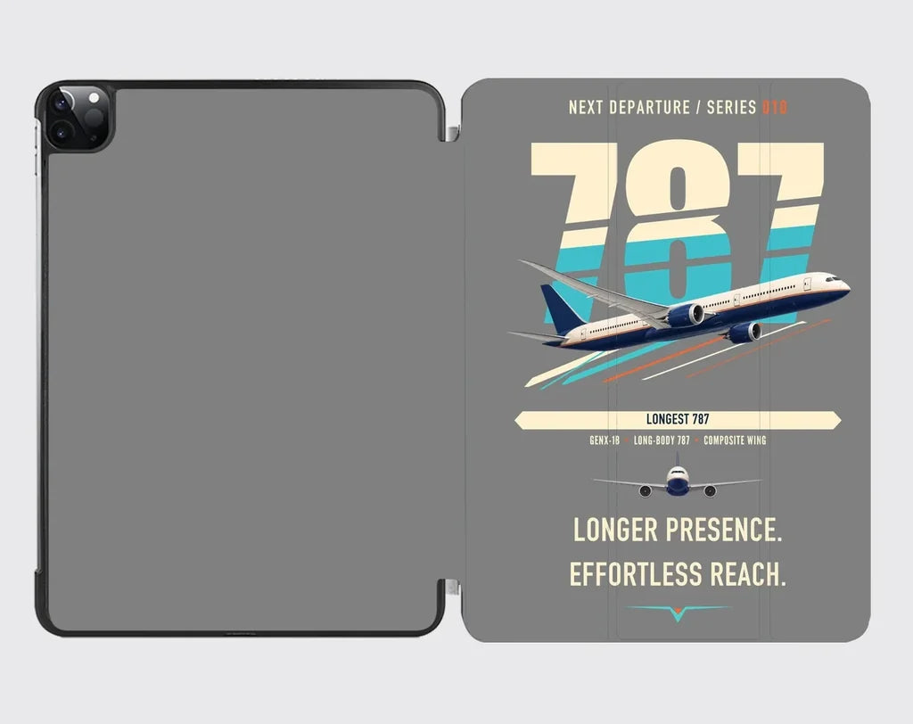 Boeing 787-10 Dreamliner design on gray ipad tablet case