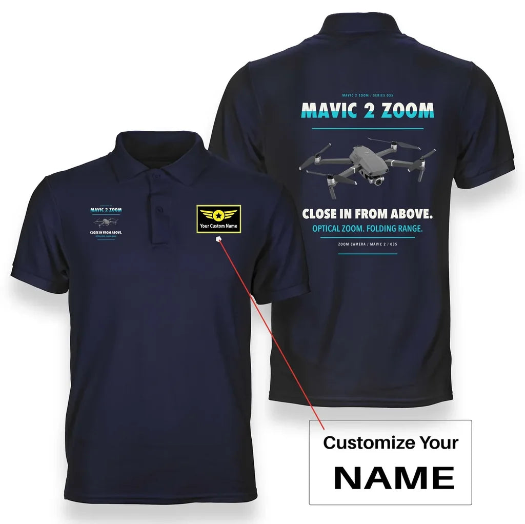 DJI Mavic 2 Zoom design on navy blue polo with custom name badge