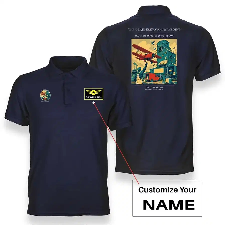 VINTAGE G4451 - The Grain Elevator Waypoint - Double-Side Polo T-Shirt design on navyblue+name