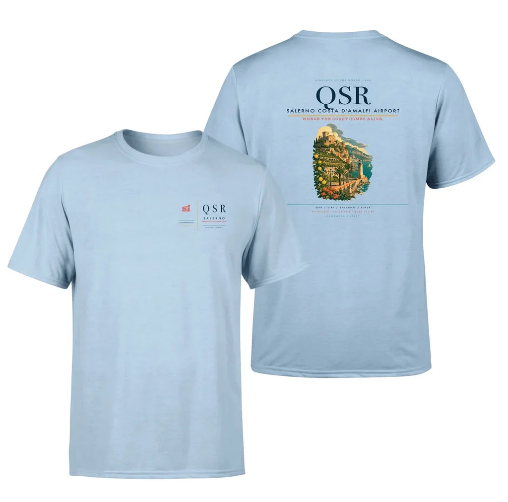 Salerno Costa d'Amalfi Airport (QSR) design printed on light blue double-side t-shirt