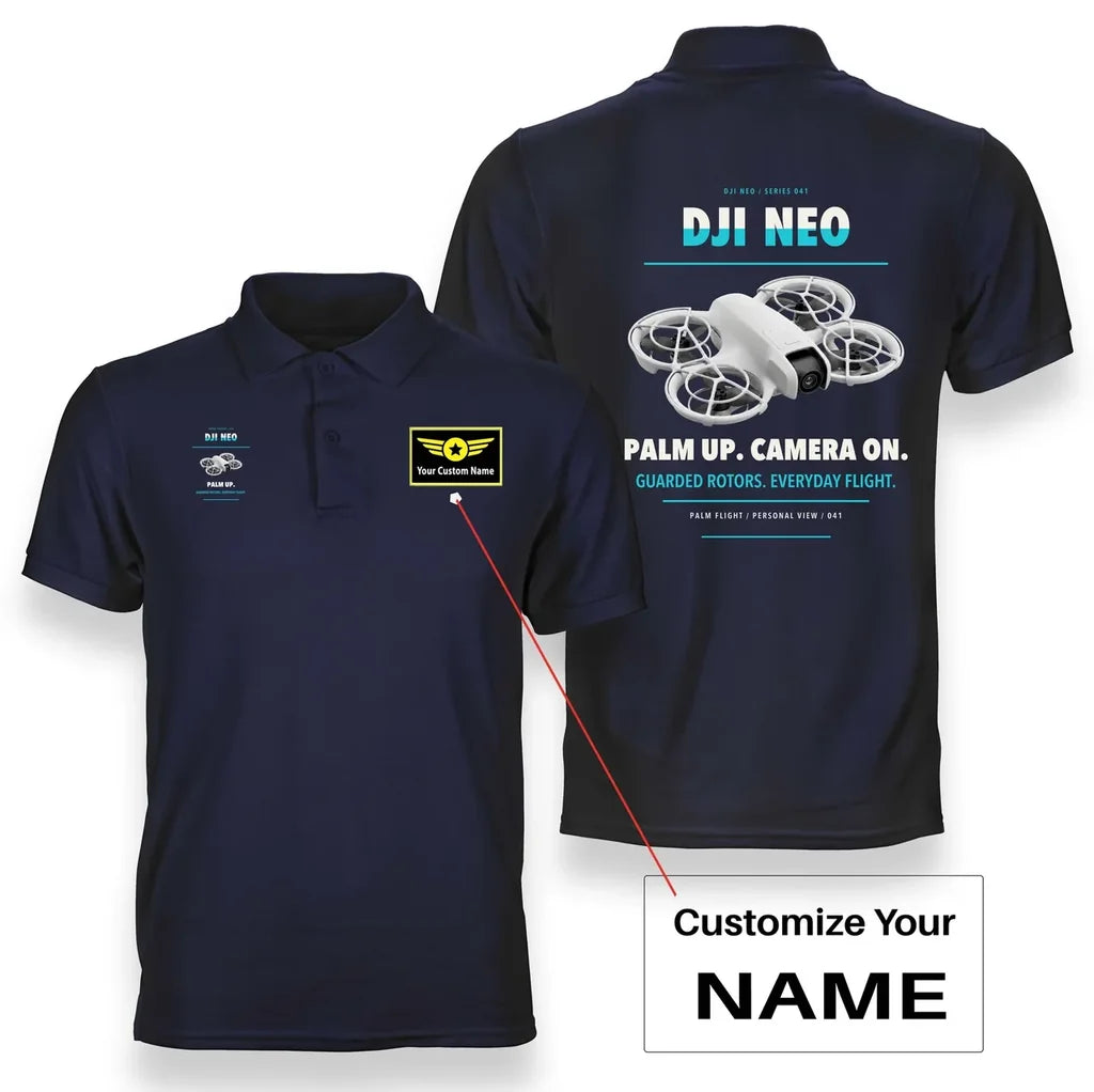 DJI Neo design on navy blue polo with custom name badge