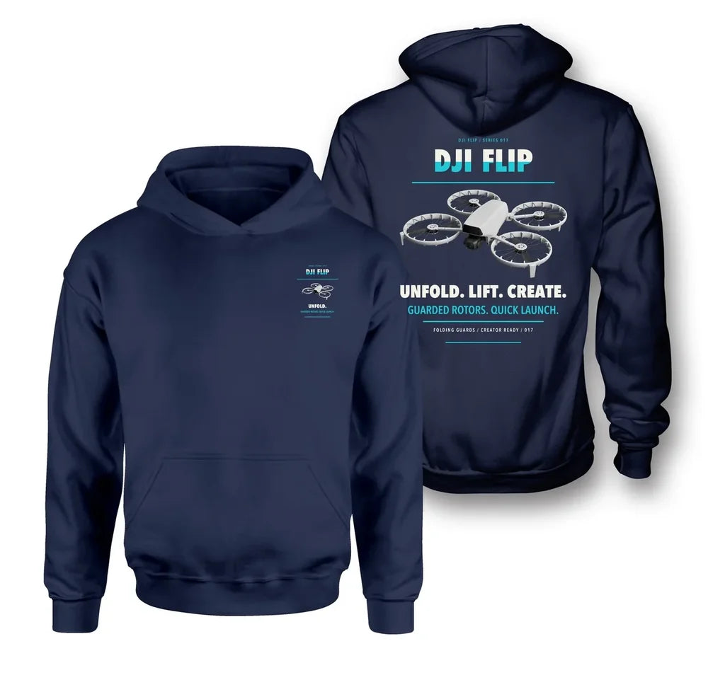 DJI Flip design on navy blue hoodie