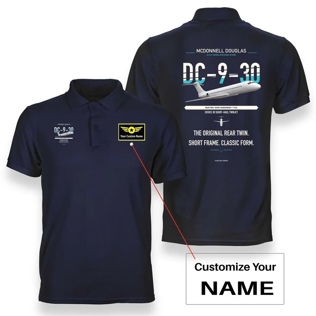 McDonnell Douglas DC-9-30 design on navy blue+name double-side polo t-shirt, double-side print