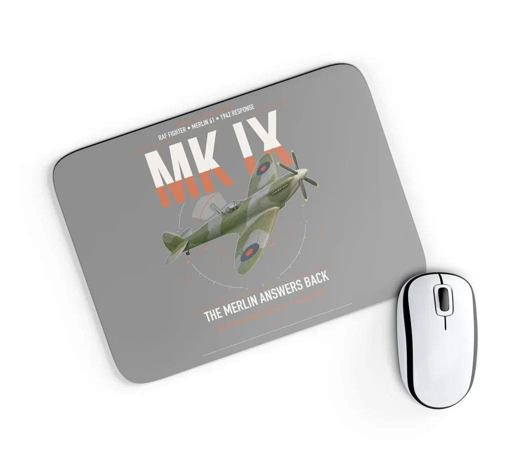 Supermarine Spitfire Mk IX design on gray rectangle mouse pad