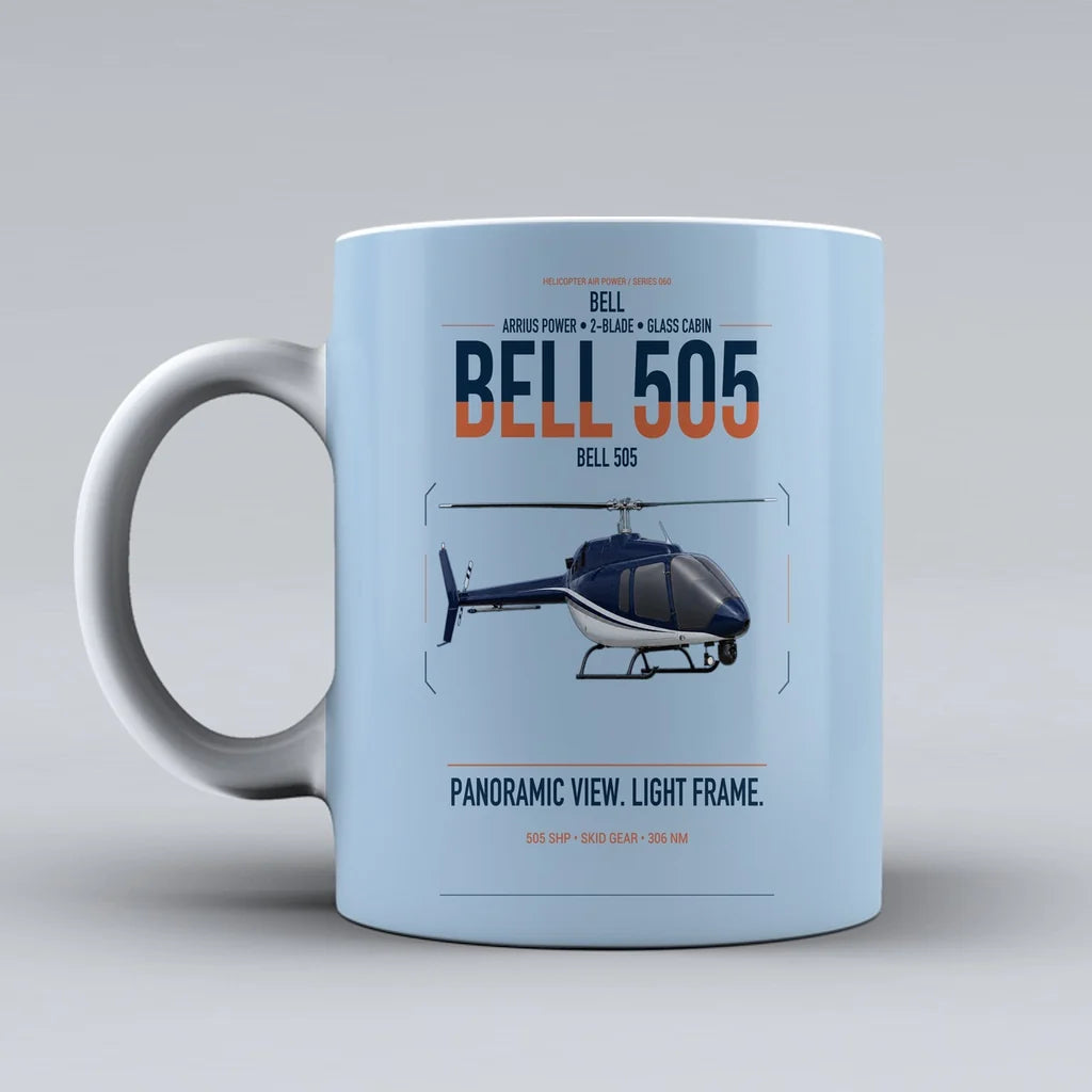 Bell 505 design on light blue ceramic mug, double-side print