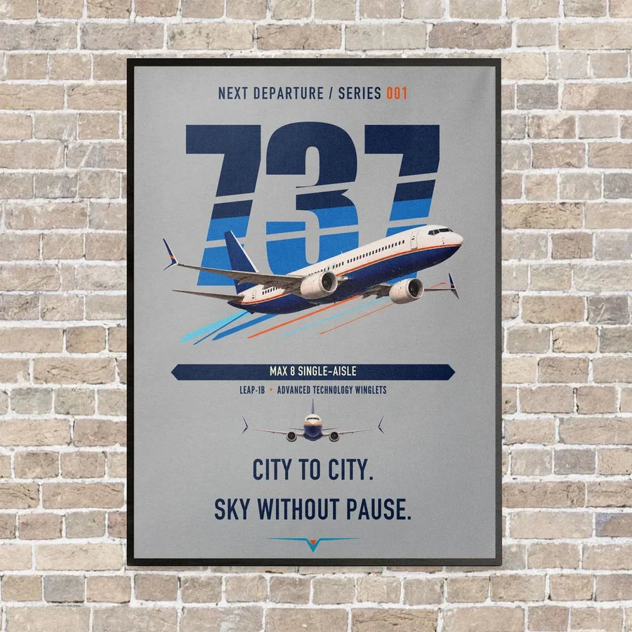 Boeing 737 MAX 8 vertical canvas print - framed - light gray background