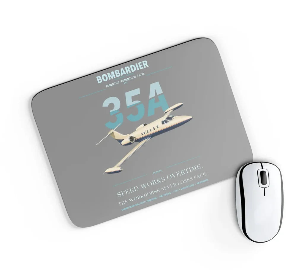 Bombardier Learjet 35A design on gray rectangle mouse pad
