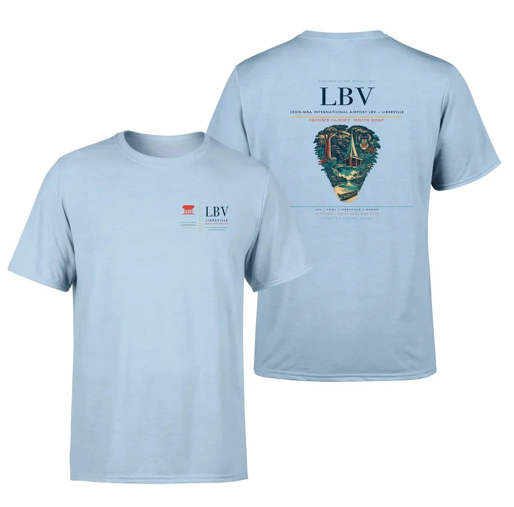 Leon-Mba International Airport (LBV) design printed on light blue double-side t-shirt