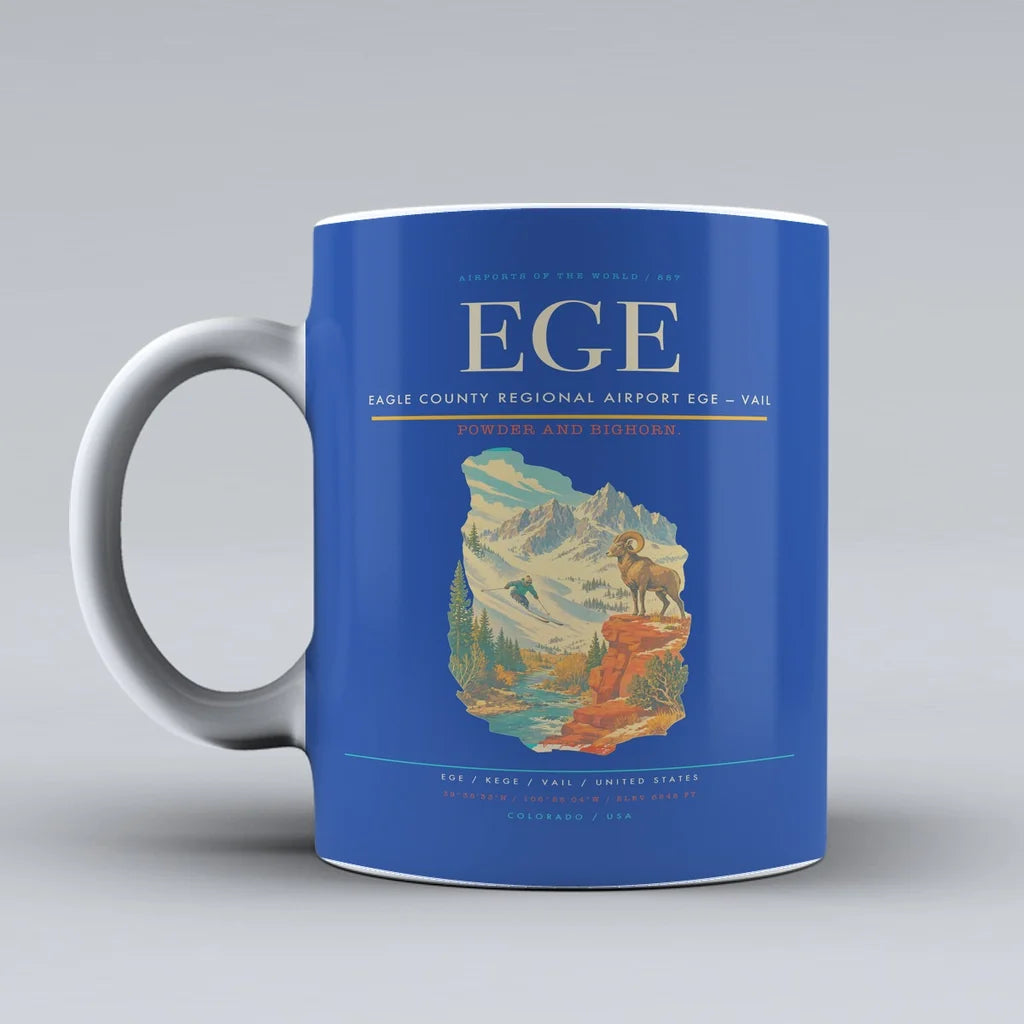 Eagle County Regional Airport (EGE) airport code design on blue ceramic mug