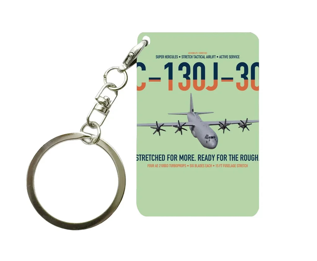 C-130J-30 Super Hercules design on light green designed key chain, double-side print