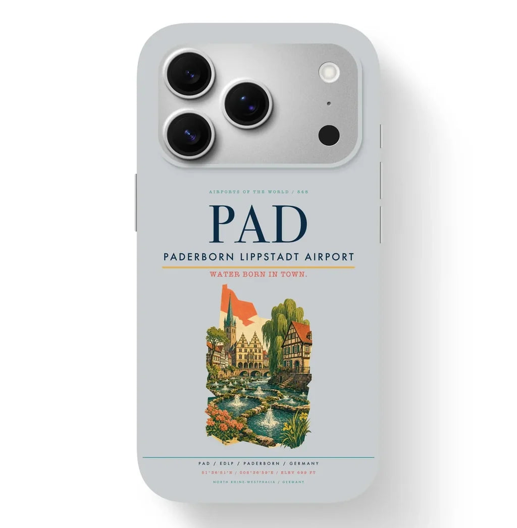 Paderborn Airport (PAD) design on light gray iPhone 17 Pro MagSafe case