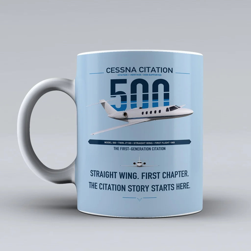 Cessna Citation 500 - Citation I design on light blue ceramic mug, double-side print
