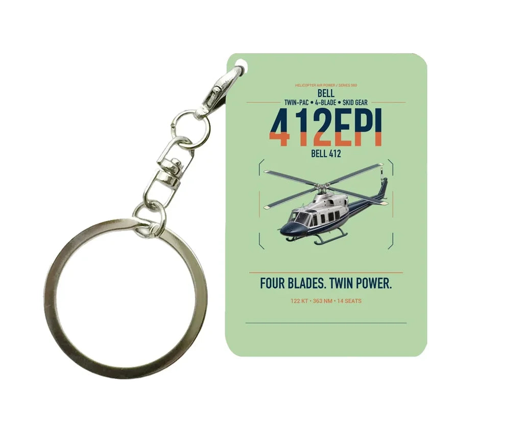 Bell 412EPI design on light green designed key chain, double-side print