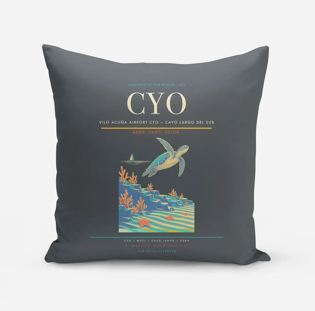 Vilo Acuña Airport (CYO) design on gray pillow