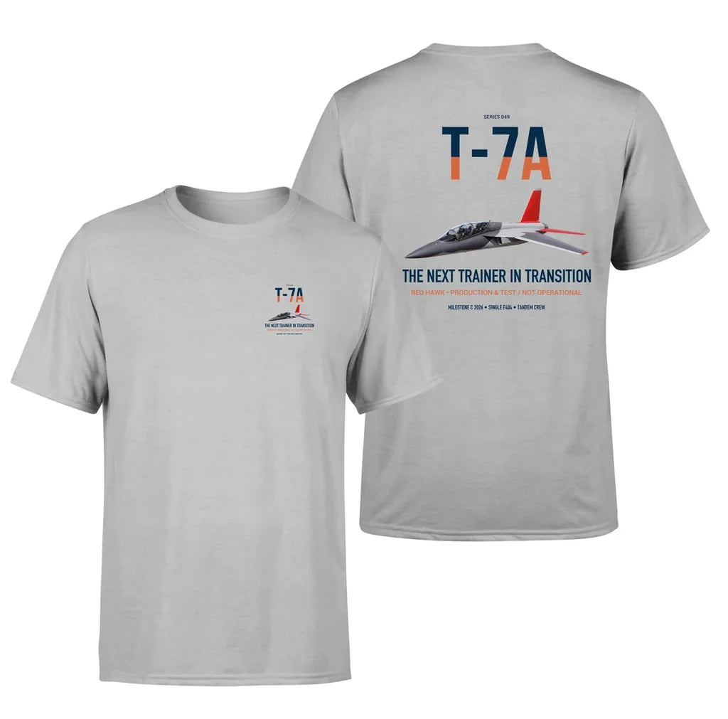 T-7A Red Hawk design on light gray double-side t-shirt, double-side print